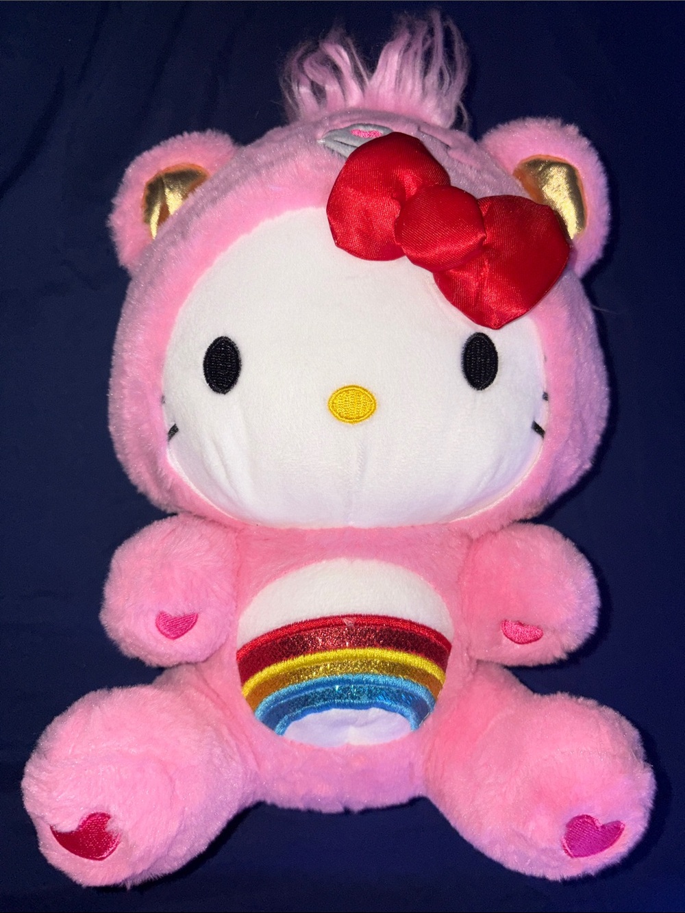 Hello Kitty x Care Bears Pink Plush with Red Bow and Rainbow Belly